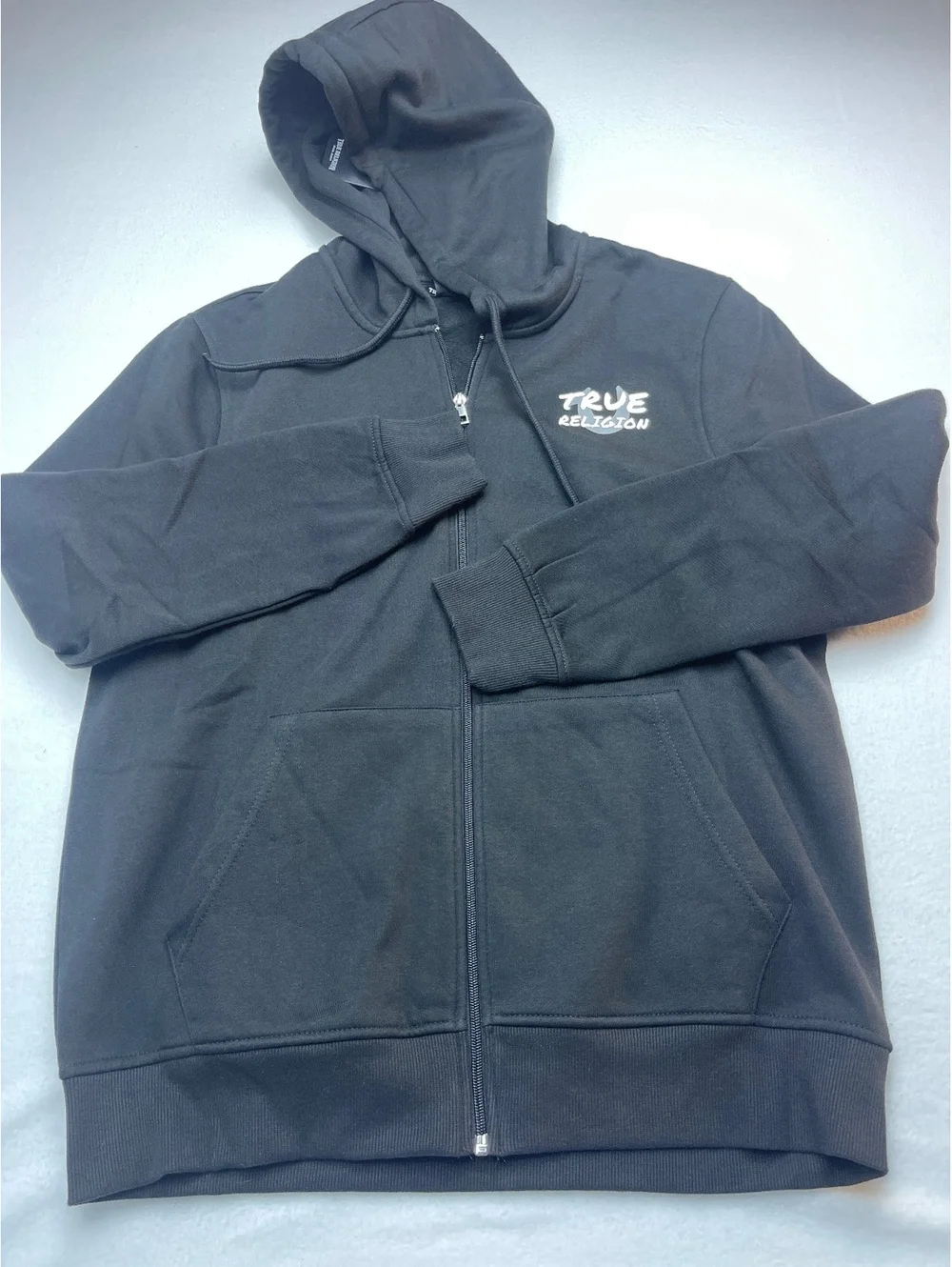 True Religion Black Zip-Up Hoodie with Logo Print